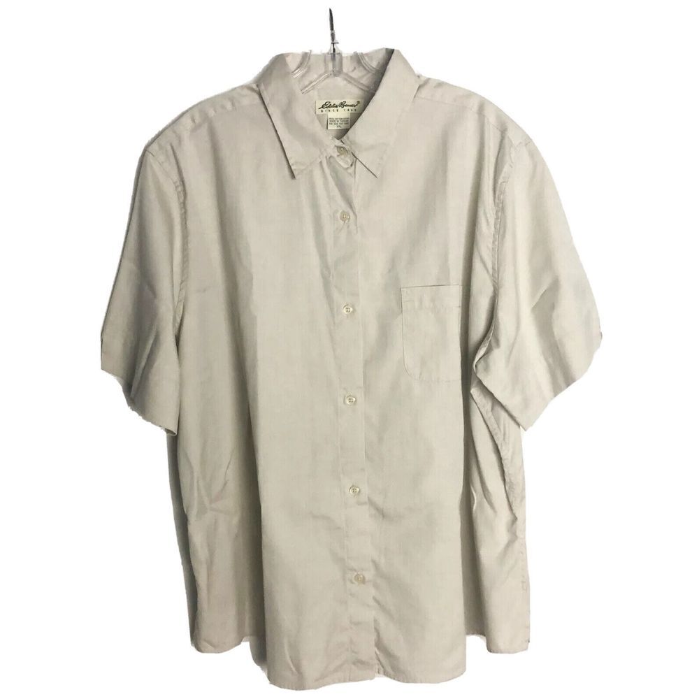 Eddie Bauer Button Down Shirt Mens XXL Beige Short Sleeve 100% Cotton